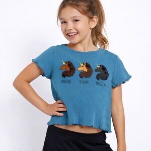 Afro Unicorn Blue Ribbed Crop Top Girls Size L (10/12) Unique Divine Magical